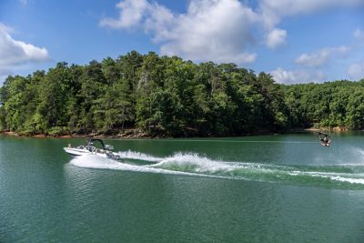 Wakeboarding action behind the H22, shot on Lake Lanier near Atlanta Georgia