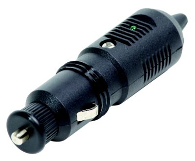 Black 12V plug from Blue Sea Systems featuring durable construction and sleek design for marine and automotive use.