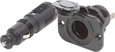 Black 12V plug and dash socket from Blue Sea Systems, featuring a secure locking mechanism for marine use.