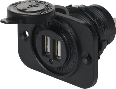 Black dual USB socket charger with protective cover, featuring two USB ports for 12/24V power systems.