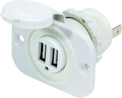 White dual USB socket charger by Blue Sea Systems, featuring a protective cap and compact design for 12/24V use.