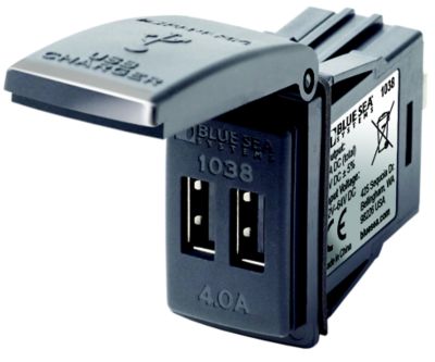 Dual USB Charger from Blue Sea Systems, designed for switch mounting, featuring two ports and 4 Amp output.