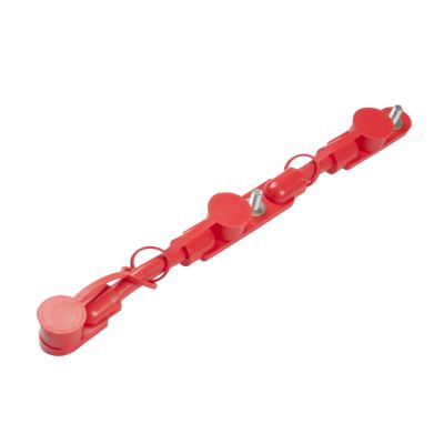 Red overmolded battery cable assembly for connecting three batteries, featuring durable connectors and protective overmold.