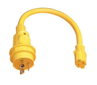 Yellow RV pigtail adapter with two connectors connected by a short flexible cable, designed for power compatibility.