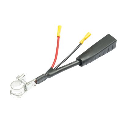 Battery cable repair splice with red and black wires, top post terminal, and insulated connectors. Ideal for automotive use.