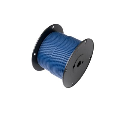 Spool of dark blue 20 gauge primary wire on a black reel, ideal for automotive and electrical projects.