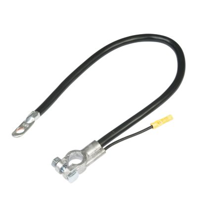 Black 2-gauge battery cable with lead cast top post and attached secondary leads.