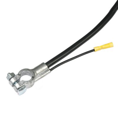 Black top post battery cable with lead connector, featuring a metal terminal and yellow end cap, ideal for automotive use.