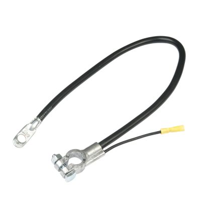 Black battery cable with lead cast top post and attached smaller gauge leads.
