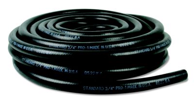 Coiled black heater hose with printed markings, ideal for automotive and industrial use.