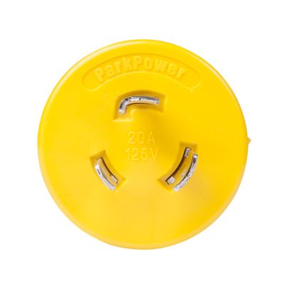Yellow generator adapter for RV, showing 20A locking male to 30A female connection, embossed with "ParkPower."