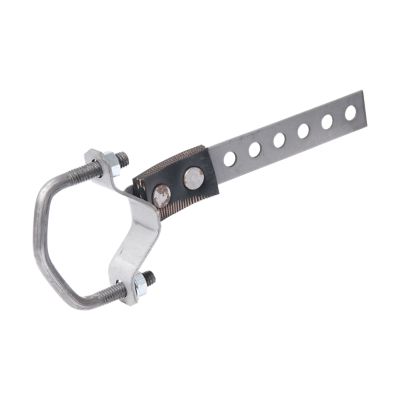 Universal exhaust hanger with metal bracket and perforated strap for durable vehicle exhaust support.