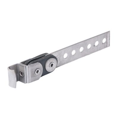 Swivel tail pipe exhaust hanger with multiple holes and pivoting mechanism for adjustable mounting.