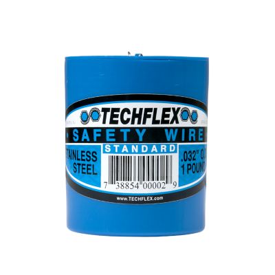 Blue can of Techflex stainless steel safety wire with label and barcode.
