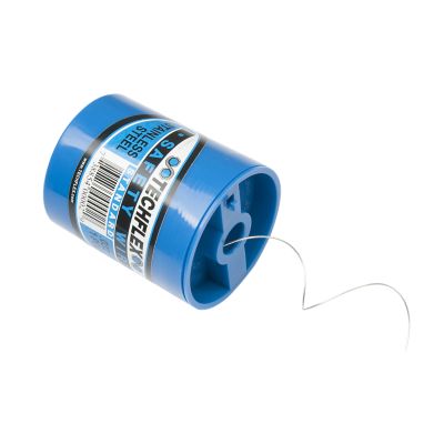 Stainless steel safety wire displayed with a blue plastic spool, showcasing durability and versatility for securing applications.
