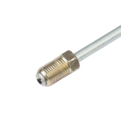 Hydraulic steel brake line with metal fitting, used in international automotive systems for braking efficiency.