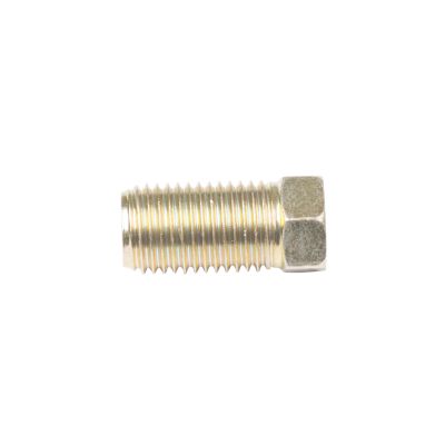 Steel tube nut with hexagonal end, showcasing detailed threading, highlighted against white background.