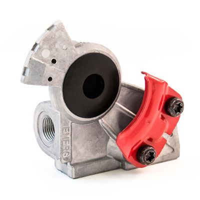 Red Tramec Sloan bracket mount emergency gladhand with sturdy metal design and angled structure.