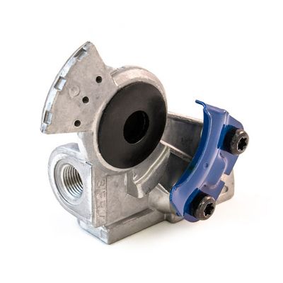 Blue bracket mount service gladhand with metallic finish and a distinctive angled design.