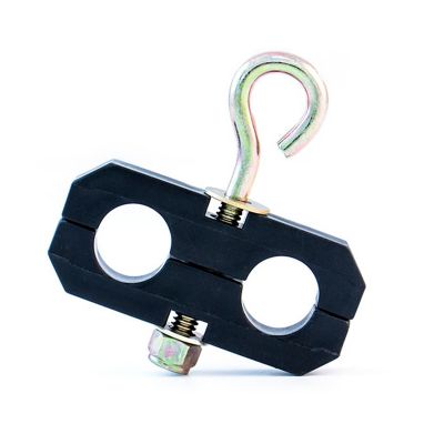 Black 2-way air hose clamp with metallic hook and screws, featuring two circular openings for secure attachment.