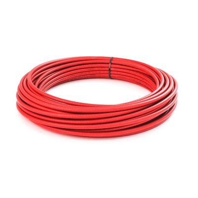 Red nylon air brake tubing coil on white background, ideal for vehicle braking systems.