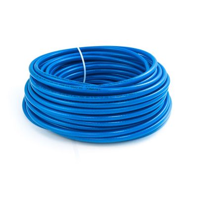 Coiled blue nylon air brake tubing for industrial use.