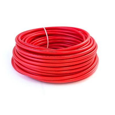 Red nylon air brake tubing coil, ideal for vehicle braking systems, showcasing durability and flexibility.