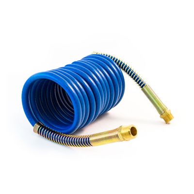 Blue coiled air hose with brass fittings, 12-ft coiled length, designed for efficient airflow and durability.