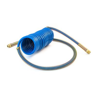 Blue coiled air hose with brass fittings, featuring durable construction and convenient leads, ideal for pneumatic systems.