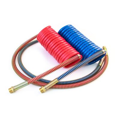 Red and blue coiled air hoses with metal connectors, ideal for various applications, shown coiled together on a white background.