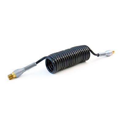 Black coiled nylon air line for fifth wheels with brass fittings, shown in a compact spiral design.