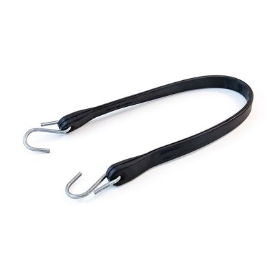Black rubber tarp strap with metal hooks, ideal for securing loads. Simple design for versatile and durable use.
