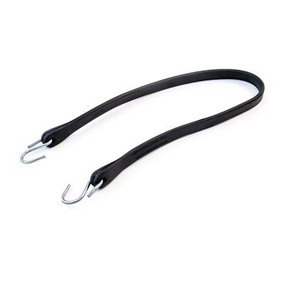 Black rubber tarp strap with metal hooks, ideal for securing loads, durable Tramec Sloan design for versatile use.
