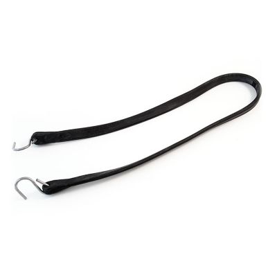 Black rubber tarp strap with metal hooks, designed for secure fastening and durability in various outdoor applications.