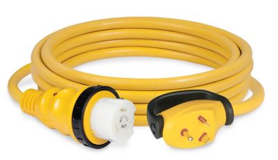 Durable yellow RV pigtail adapter cable with 30A male to 50A female connectors, ideal for power conversion needs.