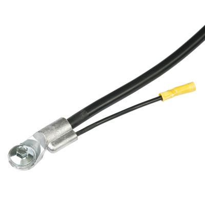 Black side terminal battery cable with lead and metal connector, featuring yellow insulation at the tip.