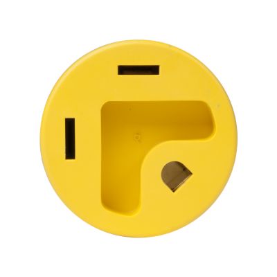 Yellow 3 prong generator plug adapter with flat design, suitable for 30 Amp connections.