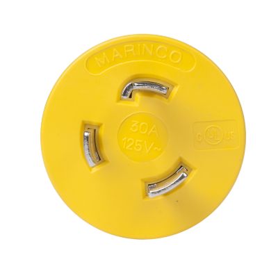 Yellow RV generator adapter with a locking feature and straight plug design, labeled for 30A, 125V use.