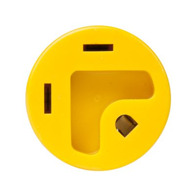 Yellow, circular 20A straight blade generator plug adapter with distinct slots and prong openings.