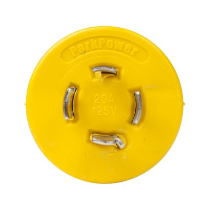 Yellow generator adapter for RVs with male locking and 30A female straight connectors, showing 20A 125V label.
