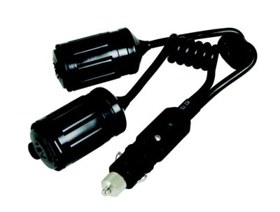 RV 12V dual outlet adapter with coiled cable and dual sockets, ideal for convenient power extension while traveling.