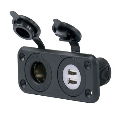 Black Marinco dual USB charger and 12V receptacle, featuring two ports and protective covers.