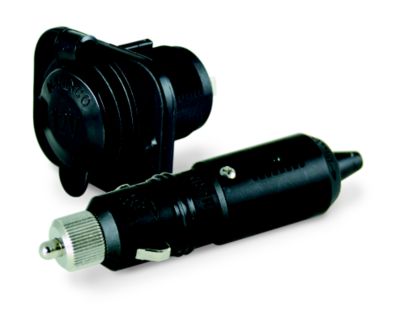 12 Volt outlet receptacle and plug in black, highlighting design and compatibility for automotive use.
