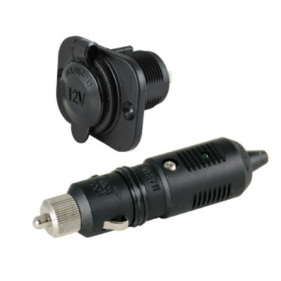 12V receptacle and plug set, featuring a durable black design for efficient electrical connections in vehicles or marine applications.