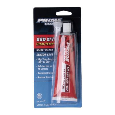 Prime Guard Red High-Temp Silicone Gasket Maker in packaging, highlights temperature resistance and sensor-safe features.