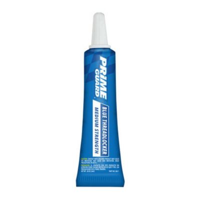 Prime Guard Blue Threadlocker bottle with medium strength label against a white background.