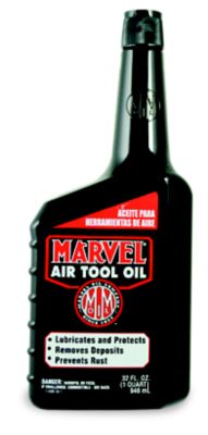 Black bottle of Marvel Air Tool Oil with red and white label, featuring benefits like lubrication and rust prevention.