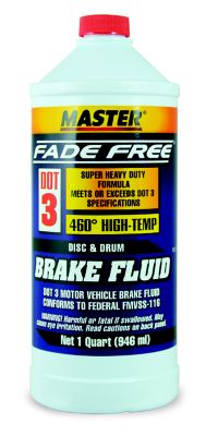 Dot 3 brake fluid bottle with high-temp formula, designed for disc and drum, conforming to federal specifications.