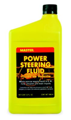 Yellow bottle of Master Power Steering Fluid with bilingual labeling, designed for various vehicle service requirements.