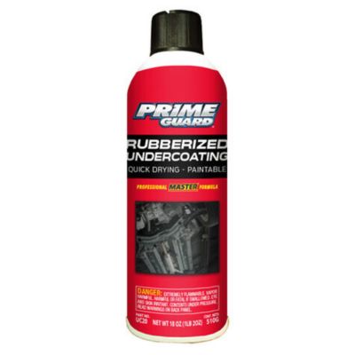 Prime Guard Rubberized Undercoat can, black, quick-drying and paintable, shown with bold label and instructions.